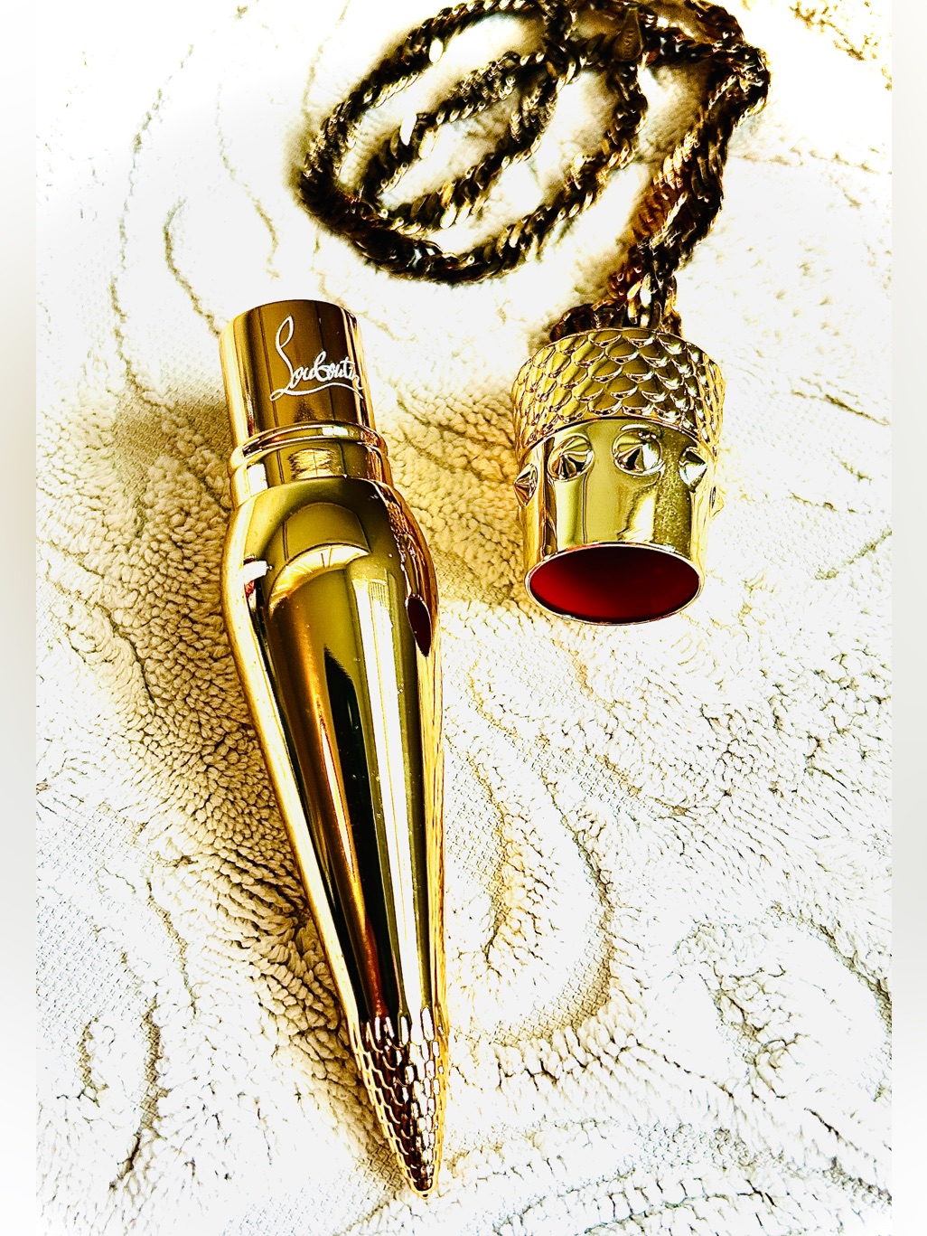 Christian Louboutin Gold Crown Lipstick Case Pendant & Gold Plate Sterling Chain